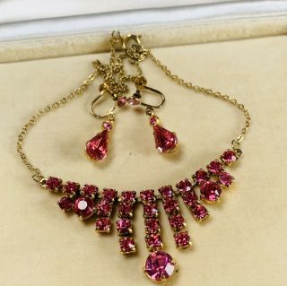 Vintage Jewellery 1940s Pink Rhinestone Gold Plated Necklace/earrings