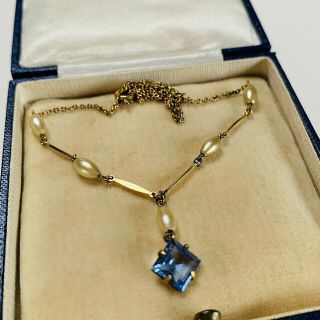 Vintage Jewellery Art Deco Pearl/blue Stone Drop Gold Plated Necklace (wbs)