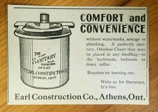 1913 Canada Canadian Ad Earl Construction Athens Ontario Odorless Toilette