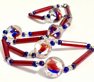 Vtg Czech Red,  Clear & Blue Swirl Murano Art Glass & Bugle Bead Necklace