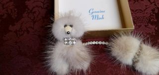 Vintage Mink Poodle Dog Pin Jewelry With Rhinestones,  Off - White