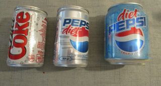 2 European Coke Coca Cola Soda Pop Cans And 1 Diet Pepsi (2003 - 2006)