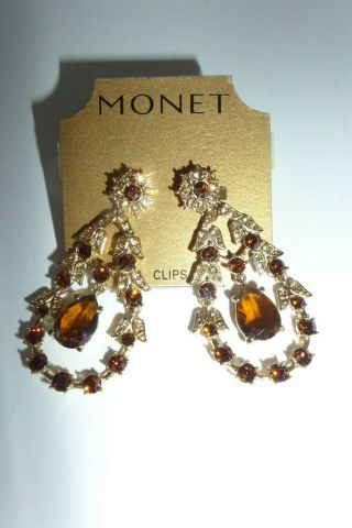 Vintage Monet Gold Tone Amber Color Rhinestone Dangle Clip On Earrings Nwt