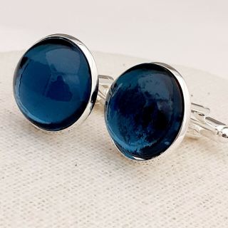 Vintage 1970s Montana Blue Glass Cabochon - Large Round Silver Tone Cufflinks