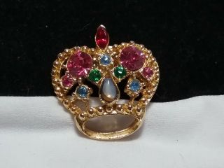Vintage Estate Gold Pink Green Blue Rhinestone Crown Royal Hat Brooch Pin