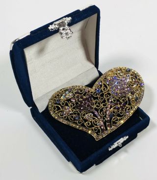 Vintage Brooch Gold Tone,  Pink & Aurora Borealis Crystal Tulips Large Heart Gift
