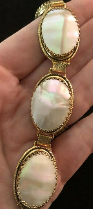 Vintage Whiting & Davis Mop Cabochon Bracelet Mother Of Pearl Wide 7.  5 " Goldtone