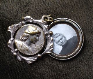 Antique Art Nouveau Joan Of Arc Medal French Sliding Photo Pendant Woman