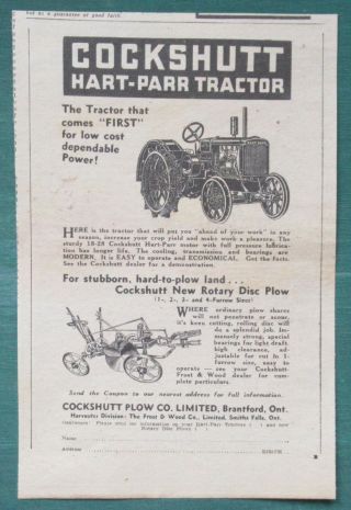 1936 Canadian Cockshutt Print Ad Hart - Parr Tractor