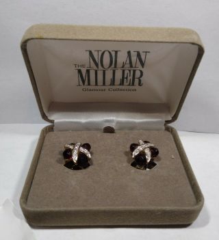 Vintage Nolan Miller Gold Tone Red Garnet Earrings with Box and 2