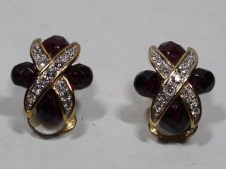Vintage Nolan Miller Gold Tone Red Garnet Earrings with Box and 3