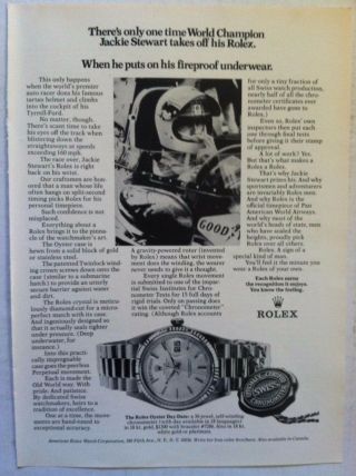 1972 Rolex Oyster Day - Date Jackie Stewart Formula One Racing Ad Classic Watch Ad