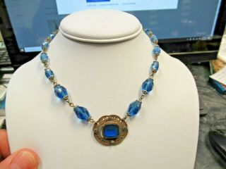 Vintage Art Deco Czech Blue Cut Glass Crystal Filigree Plaque Pendant Necklace