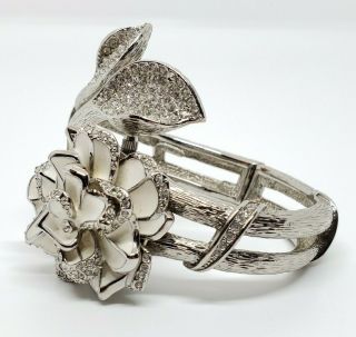 Vintage Joan Rivers White Enamel Pave Rhinestone Floral Hideaway Watch Bracelet