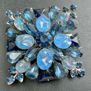 Vintage Blue Molded Ab Glass Geometric Flower Rhinestone Brooch Pin 463