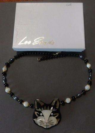 Lee Sands Signed Necklace W/box Qvc Black White Cat Inlaid Shell W/ Beads