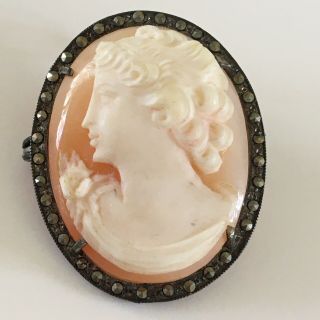 Antique Victorian 800 Silver Carved Shell Cameo Marcasite Pendant Pin Brooch
