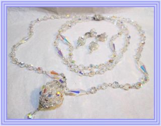 Sherman Clear Ab - Triple Strand Faceted Bead & Mirror Ball Pendant Necklace Set