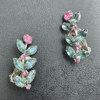 Signed Weiss Vintage Topaz Blue Marquise Pink Rhinestone Flower Clip Earring 498