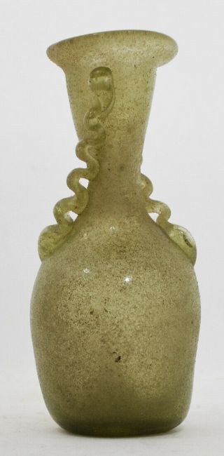 Ancient Antiquity Roman Glass Vase With Applied Twisted Spirals On Sides.
