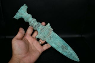 Large Ancient Bactrian Bronze Dagger With 2 Lion Heads On The Handle Length 30cm