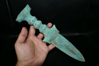 Large Ancient Bactrian Bronze Dagger with 2 Lion Heads on the Handle Length 30cm 2