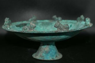 Ancient Bactrian Bronze Bowl With Multiple Lion Figurines On The Edges