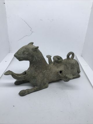 Scarce Ancient Luristan Bronze Tri - Pronged Oil Lamp In The Form Of A Beast