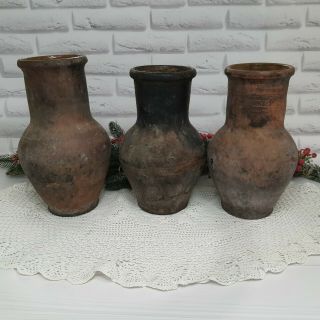 Set Of Three.  Very Old Antique Ancient Clay Vessel - Rustic Bowl - Antique Clay