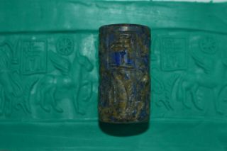 Rare Ancient Sumarian Lapis Lazuli Cylinder Seal Pendant With Multiple Engraving