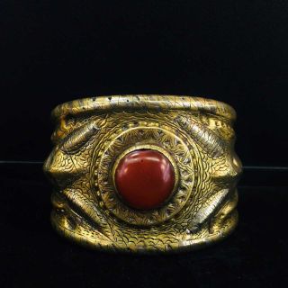 Very Unique Antique Bronze Carved With Silver Bangle/bracelet With Ancient Agate
