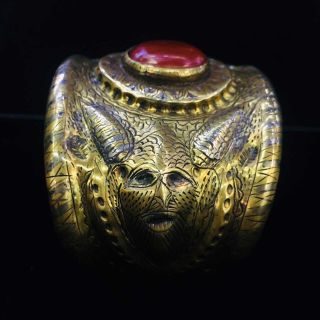 Very Unique Antique Bronze Carved With Silver Bangle/Bracelet With Ancient Agate 2