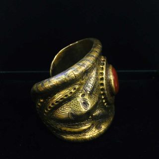 Very Unique Antique Bronze Carved With Silver Bangle/Bracelet With Ancient Agate 3