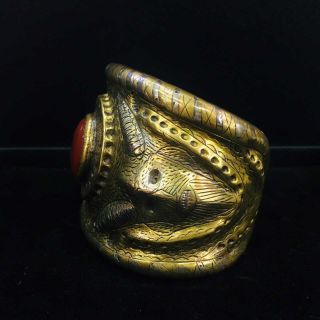Very Unique Antique Bronze Carved With Silver Bangle/Bracelet With Ancient Agate 4