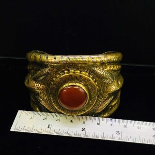 Very Unique Antique Bronze Carved With Silver Bangle/Bracelet With Ancient Agate 6