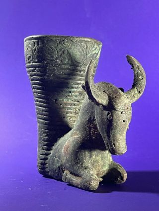 LARGE ANCIENT PERSIAN BRONZE RHYTON WITH INTACT HORNED RAM HEAD C.  400BCE 2
