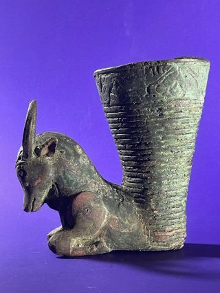 LARGE ANCIENT PERSIAN BRONZE RHYTON WITH INTACT HORNED RAM HEAD C.  400BCE 3