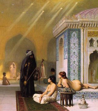 Fine Oil Painting Jean - Leon Gerom - Ancient Egypt Harem Pool & Young Girl Bather
