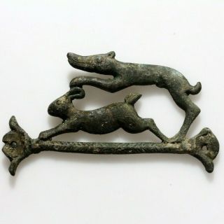 Intact Ancient Roman Bronze Open Work Ornament - Wolf Attack Rabbid Ca 200 - 300 Ad