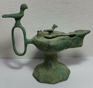 Scarce Ancient Roman Bronze Oil Lamp With Birds Circa 200 - 300ad 146mm