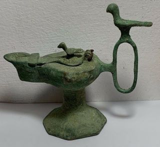 SCARCE ANCIENT ROMAN BRONZE OIL LAMP WITH BIRDS CIRCA 200 - 300AD 146mm 2