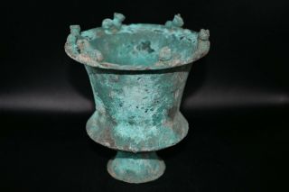 Museum Quality Ancient Roman Bronze Chalice Cup With 6 Lion Figurines On Edges