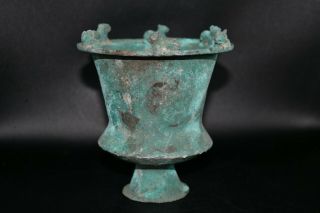 Museum Quality Ancient Roman Bronze Chalice Cup with 6 Lion Figurines on Edges 2