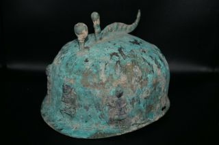 Authentic Ancient Early Bactrian Bronze Helmet with Multiple Figurines on Top 2