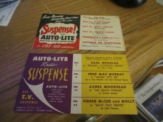 1949 & 1951 Cbs Suspense Television Show Ad Cards - Auto Lite Radio - Bob Hope&stars