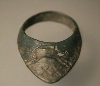 Ancient Unique Roman Bronze Archer`s Legionary Ring Boar 1st - 4th Century Ad