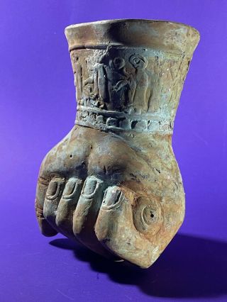 Large Ancient Persian Bronze Rhyton Depicting Clenched Fist Circa 500 - 400 Bce