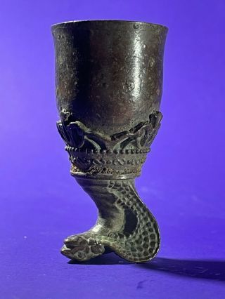 DETAILED ANCIENT CRUSADERS BRONZE WINE CUP DECORATED WITH SERPENT SNAKE HEAD 2