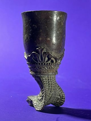 DETAILED ANCIENT CRUSADERS BRONZE WINE CUP DECORATED WITH SERPENT SNAKE HEAD 3