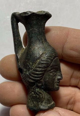 Ancient Greek Rare Bronze Votive Amphora Vessel With Head Of Athens 500bc 60mm